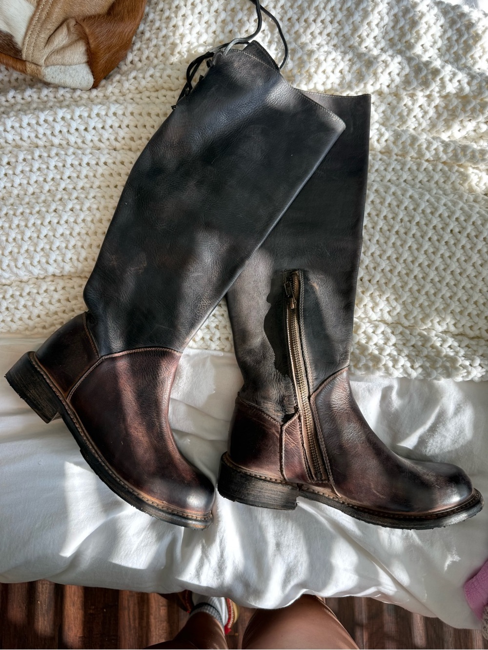 BED|STU Two-Tone Over-the-Knee Leather Boots in Black and Brown